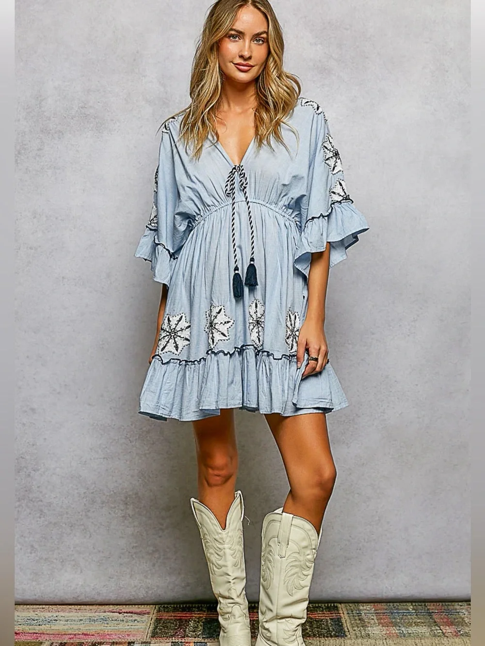 POL Boho Embroidered Star Mini Dress with Tassel Tie – Light Denim Blue Large - Picture 5 of 7